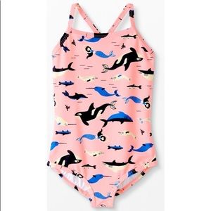Hanna Andersson Sunblock One Piece Swimsuit Petal Pink Orcas Dolphins Narwhal